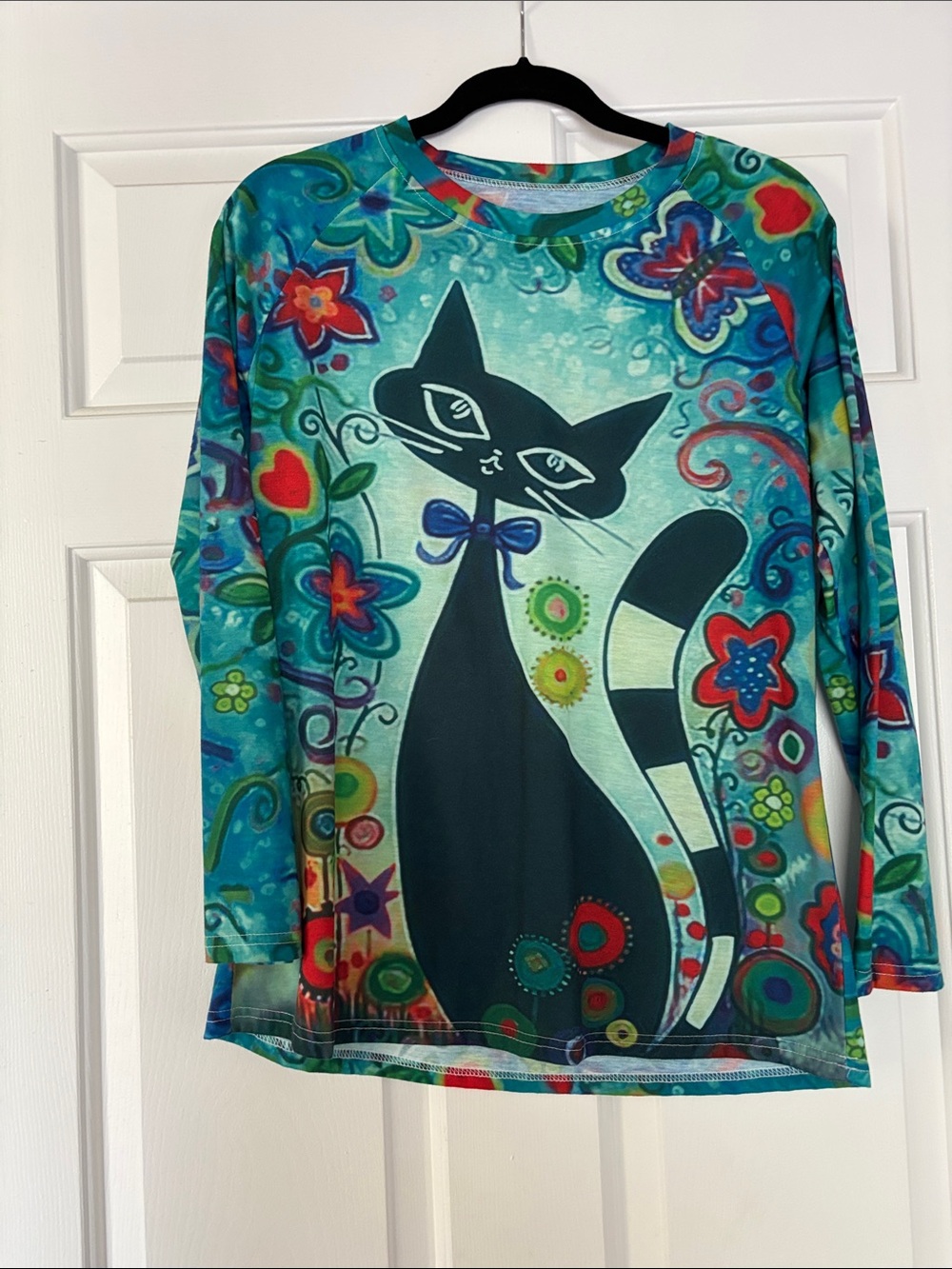 Blue Floral Cat Print Long-Sleeve Pet Lover Shirt